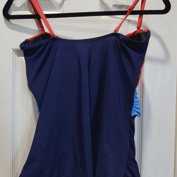 Size 14 Swimsuit 2 Piece Red Baby Blue and Navy Blue Padded Ruffled Waist - Picture 4 of 6
